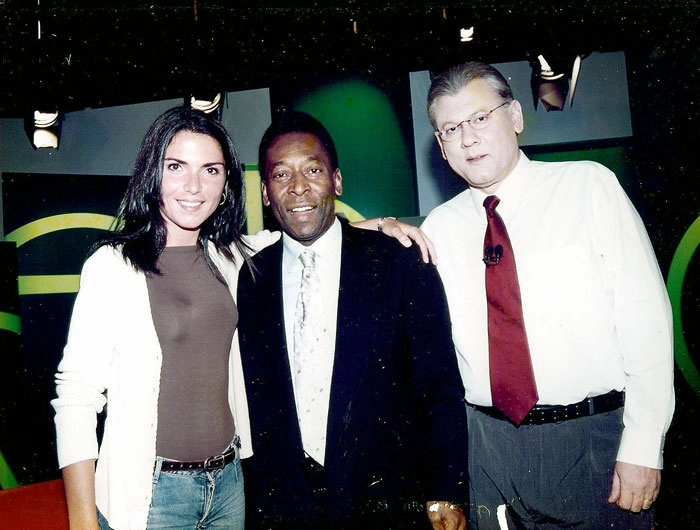 Roberta Peporine, Pelé e Milton Neves, nos bastidores do Terceiro Tempo da Rede Record