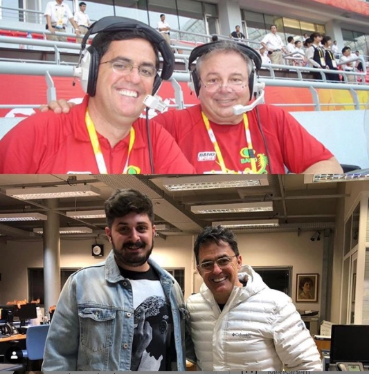 Fernando Fernandes e Luciano do Valle nos anos 2000, pela Band, e abaixo, Paulo do Valle (neto de Luciano) e Fernando Fernandes em 18 de outubro de 2020, dia de estreia de Paulo como rep&oacute;rter da R&aacute;dio Bandeirantes. Fotos: arquivo pessoal de Fernando Fernandes