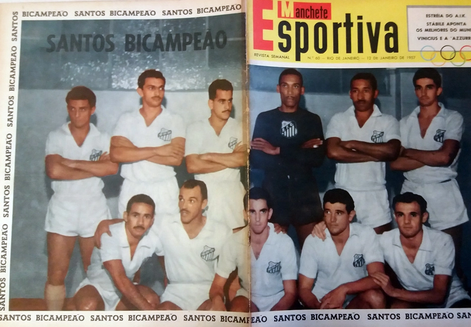 Capa da Revista Manchete Esportiva, 60, destacando o bicampeonato paulista do Santos, em 1955/56. Em pé: Feijó, Formiga, Zito, Manga, Wilson e Ramiro. Agachados: Tite, Jair Rosa Pinto, Pagão, Del Vecchio e Pepe