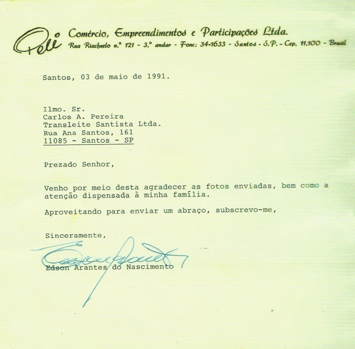 Mensagem de agradecimento de Pelé a Carlos Argenti Pereira, de 1991