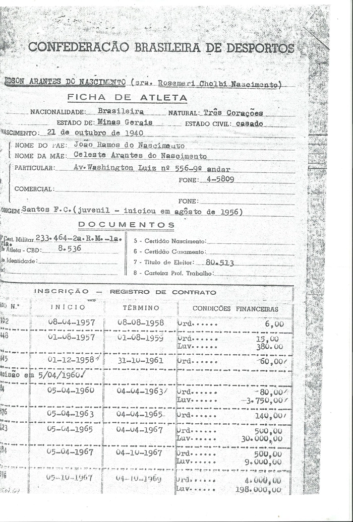 Finalmente acho que este documento é o que você vai gostar mais, trata-se da ficha funcional do Pelé deste que chegou à Vila até último contrato com o Santos antes de ir para o Cosmos. Nesta ficha você tem os contratos e valores da época, faça a conversão e veja que os atletas de hoje ganham muito e não jogam nada.Estes documentos que te enviei são histórico. E seu site merece ter. Abraços, Rubens Marino. Imagem enviada por Rubens Marino