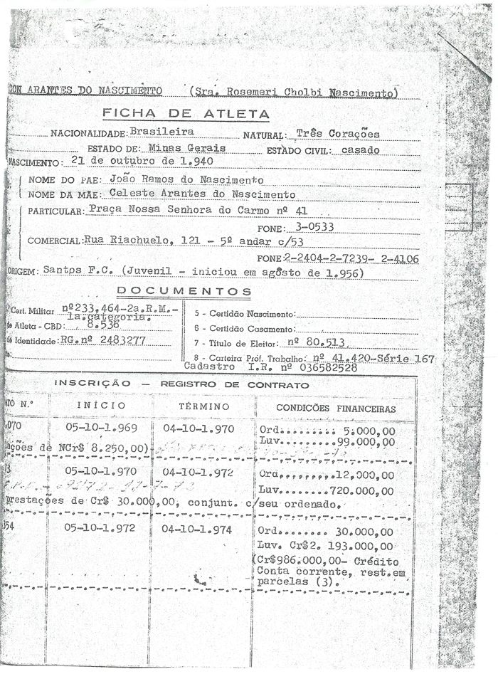 Finalmente acho que este documento é o que você vai gostar mais, trata-se da ficha funcional do Pelé deste que chegou à Vila até último contrato com o Santos antes de ir para o Cosmos. Nesta ficha você tem os contratos e valores da época, faça a conversão e veja que os atletas de hoje ganham muito e não jogam nada.Estes documentos que te enviei são histórico. E seu site merece ter. Abraços, Rubens Marino. Imagem enviada por Rubens Marino