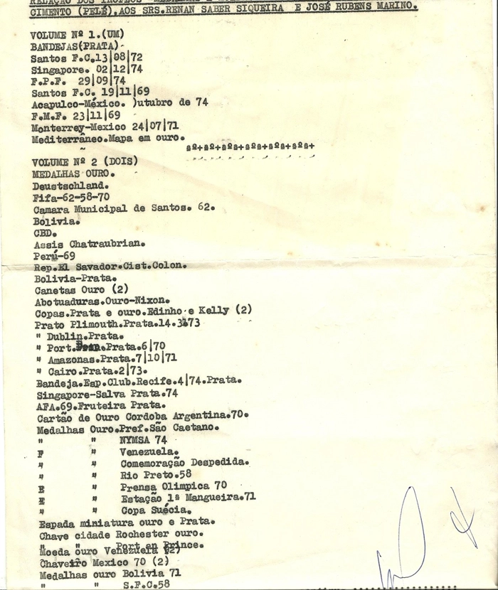 Em 1975 antes de viajar para os estados unidos o Pelé solicitou que pegássemos com a rose sua esposa em sua residência todos os troféus, medalhas relógios de ouro puro para que guardássemos no banco, não época BCN, hoje Bradesco. Milton a Rose nos entregou em seis pacotes embrulhados em jornal. Quando chegamos ao banco tomamos um susto de tanta riqueza junta e um valor histórico fantástico. Fizemos ao nosso modo a relação que estou te enviando para que o Pelé tivesse uma cópia, pois devido o valor não ficamos com eles na agência santos, remetemos para a sede de Alphaville, para ficar seguro. Tenho certeza que o amigo vai gostar de ter esse documento no site. Abraços, Rubens Marino. Imagem enviada por Rubens Marino