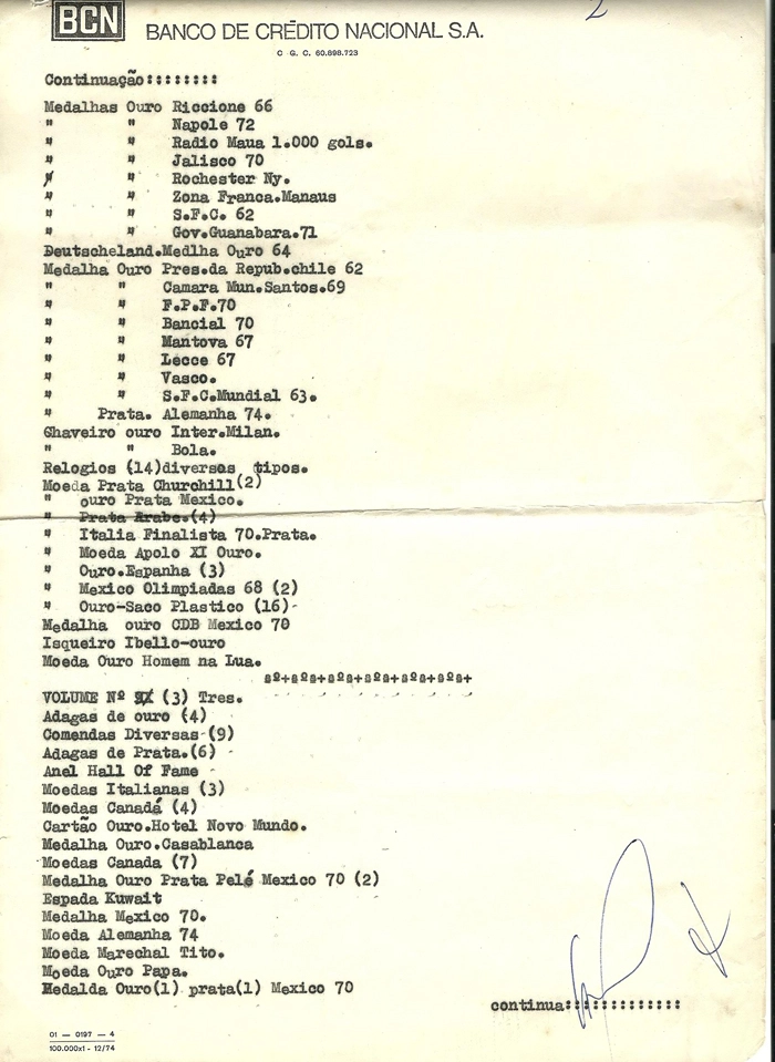 Em 1975 antes de viajar para os estados unidos o Pelé solicitou que pegássemos com a rose sua esposa em sua residência todos os troféus, medalhas relógios de ouro puro para que guardássemos no banco, não época BCN, hoje Bradesco. Milton a Rose nos entregou em seis pacotes embrulhados em jornal. Quando chegamos ao banco tomamos um susto de tanta riqueza junta e um valor histórico fantástico. Fizemos ao nosso modo a relação que estou te enviando para que o Pelé tivesse uma cópia, pois devido o valor não ficamos com eles na agência santos, remetemos para a sede de Alphaville, para ficar seguro. Tenho certeza que o amigo vai gostar de ter esse documento no site. Abraços, Rubens Marino. Imagem enviada por Rubens Marino