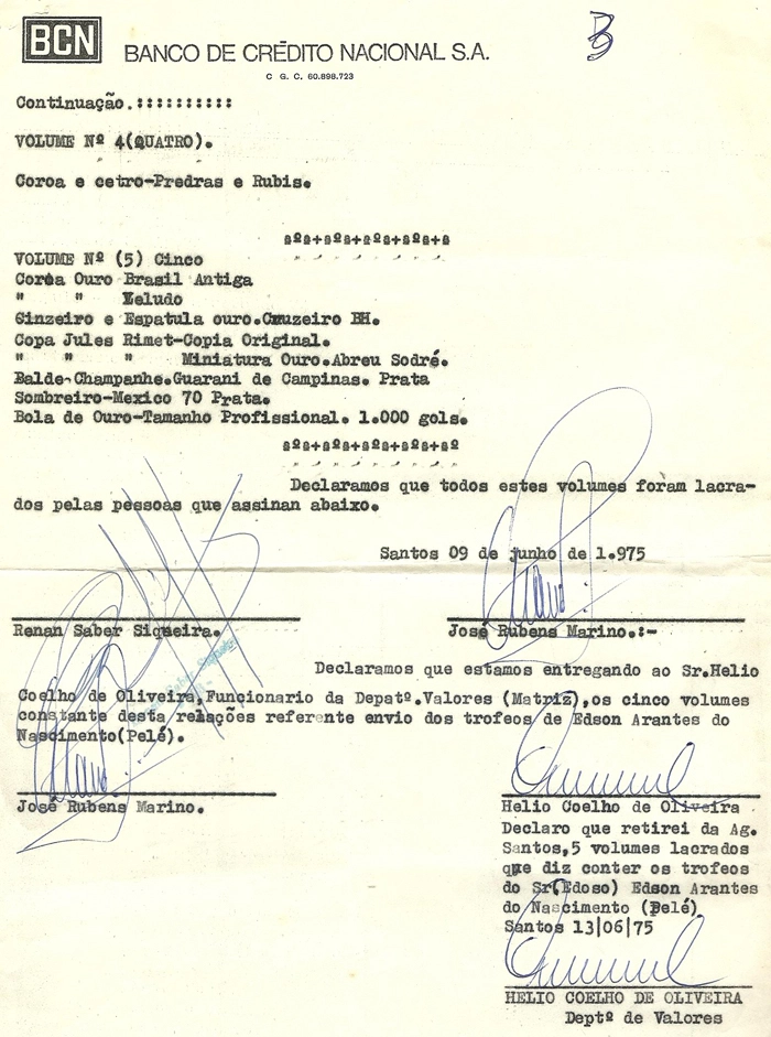 Em 1975 antes de viajar para os estados unidos o Pelé solicitou que pegássemos com a rose sua esposa em sua residência todos os troféus, medalhas relógios de ouro puro para que guardássemos no banco, não época BCN, hoje Bradesco. Milton a Rose nos entregou em seis pacotes embrulhados em jornal. Quando chegamos ao banco tomamos um susto de tanta riqueza junta e um valor histórico fantástico. Fizemos ao nosso modo a relação que estou te enviando para que o Pelé tivesse uma cópia, pois devido o valor não ficamos com eles na agência santos, remetemos para a sede de Alphaville, para ficar seguro. Tenho certeza que o amigo vai gostar de ter esse documento no site. Abraços, Rubens Marino. Imagem enviada por Rubens Marino