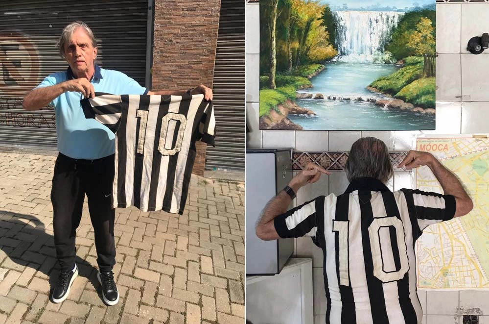 Écio Pasca em 23 de outubro de 2020, dia em que Pelé completou 80 anos, com camisa que pertenceu a Pelé, que ele trocou com o Rei em jogo disputado na Vila Belmiro. Fotos: arquivo pessoal de Écio Pasca