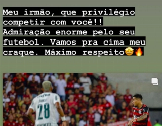 João Gomes, do Fla, e Danilo, do Palmeiras, em ação no Maracanã. Foto: Reprodução/Instagram