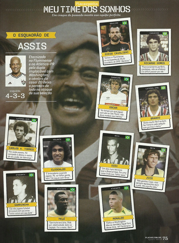 Assis escalou assim sua Seleção de todos os tempos. Goleiro: Diego Cavalieri; zagueiros: Ricardo Gomes e Oscar; laterais: Branco e Carlos Alberto Torres; volante: Clodoaldo; meias: Didi e Zico; atacantes: Garrincha, Pelé e Ronaldo. Imagem: Placar