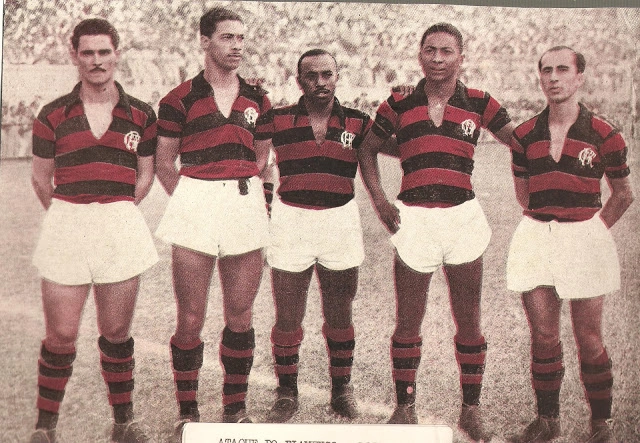 Ataque do Flamengo em 1951, Nestor, Hermes, Adãozinho, Índio e Esquerdinha, foto da Revista Esporte Ilustrado