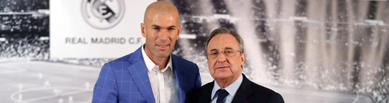 Zidane e Florentino Perez, presidente do Real Madrid, em 4 de janeiro de 2016, dia da apresenta&ccedil;&atilde;o de Zidane como treinador do clube espanhol. Foto: site oficial do Real Madrid
