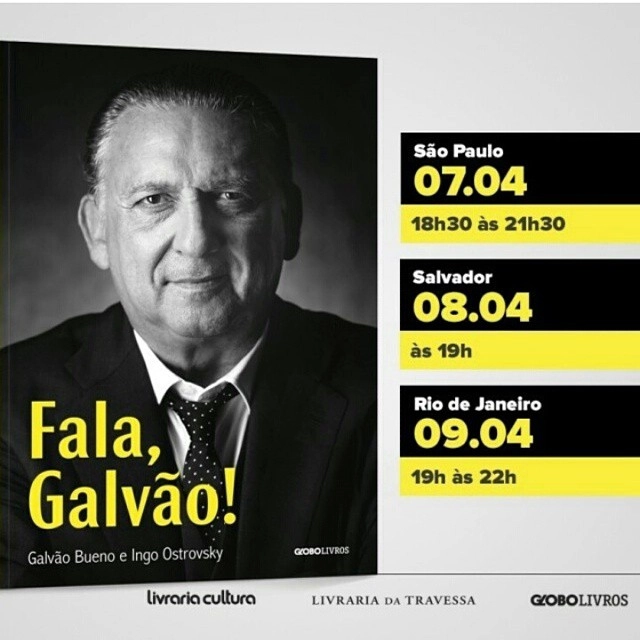 Programação para o lançamento da biografia de Galvão Bueno em 2015, em três capitais brasileiras. Reprodução