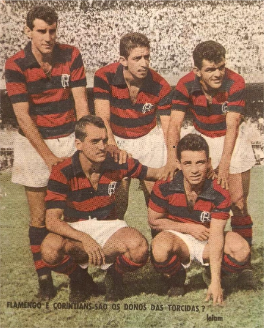 Ataque do Flamengo em 1961. Em pé: Gérson, Henrique e Dida. Agachados: Joel e Babá. Foto da Revista Esporte Ilustrado