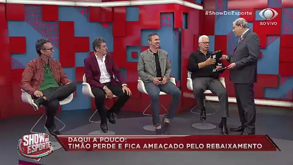 Show do Esporte da Band em 14 de outubro de 2018. Neto, Dario Pereyra, Velloso, Leão e Milton Neves