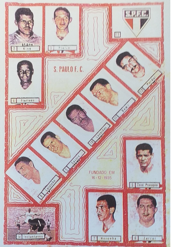 São Paulo FC no álbum Balas Futebol em 1944: King, Piolim, Florindo, Zezé Procópio, Noronha, Zarzur, Luizinho, Sastre, Leônidas, Remo e Pardal