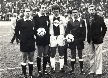 Em dia de amistoso entre Palmeiras e Udinese, no Parque Antártica, vemos da esquerda para a direita Antonio Carlos Gomes, José de Assis Aragão, o grande zagueiro Edinho, Mauro Felix da Silva e Lionerte dos Santos