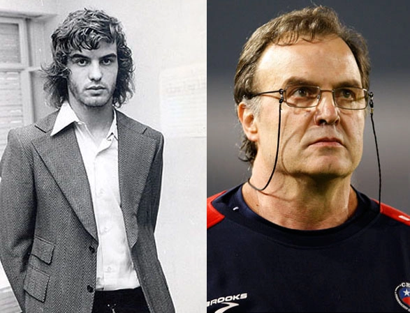 O treinador Marcelo Bielsa em dois momentos: ainda cabeludo e, em 2010, na Copa do Mundo