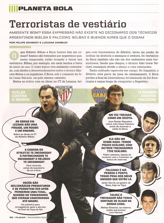 Bielsa e Falcioni sairam na edição de novembro de 2012 da Revista Placar (1372). Imagem: Revista Placar