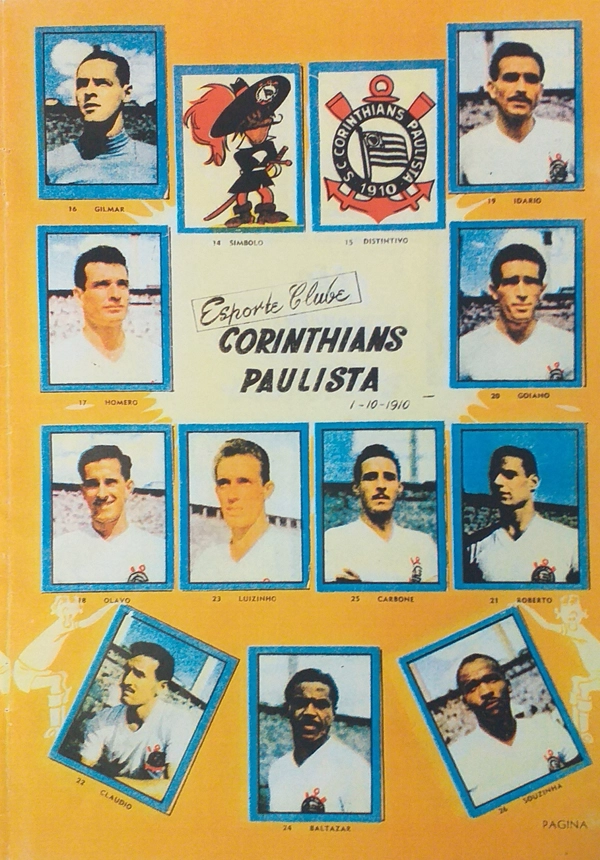 Corinthians no álbum Balas Futebol de 1953: Gylmar, Homero, Olavo, Idário, Goiano, Roberto, Claudio, Luizinho, Baltazar, Carbone e Souzinha