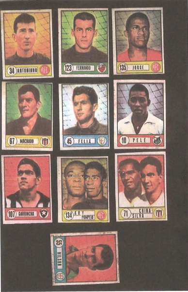 Pela ordem, de cima para baixo: Antoninho, Fernando, Jorge, Machado, Félix, Pelé, Garrincha, Ary e Pompéia, Silva e China e Nilson. Reprodução, enviada por Marcus Rouanet Machado de Carvalho