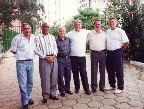 Uma rara reunião de ex-goleiros do Juventus, em 1996: Félix, Caxambu, Nelsinho (esse não sei se é ex-atleta), Claudinei, Oberdan Cattani e Nenê