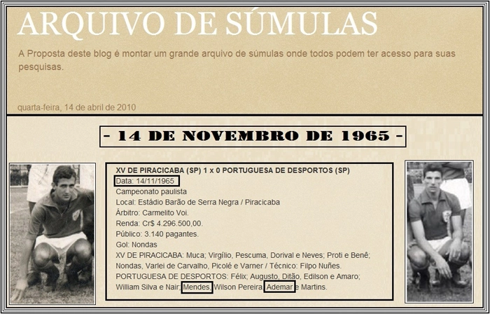 A ficha completa da partida entre XV de Piracicaba 1 x 0 Portuguesa de Desportos, realizada em 14 de novembro de 1965. O time do XV jogou com Muca; Virgílio, Pescuma, Dorival e Neves; Proti e Benê; Nondas, Varlei de Carvalho, Picolé e Vamer. O técnico era Filpo Nuñez. A equipe da Lusa: Félix, Augusto, Ditão, Edilson e Amaro. William Silva, Nair, Mendes Wilson Pereira, Ademar e Martins. Na foto, aparecem Mendes (à esquerda) e Ademar. Foto enviada por Waldevir Bernardo