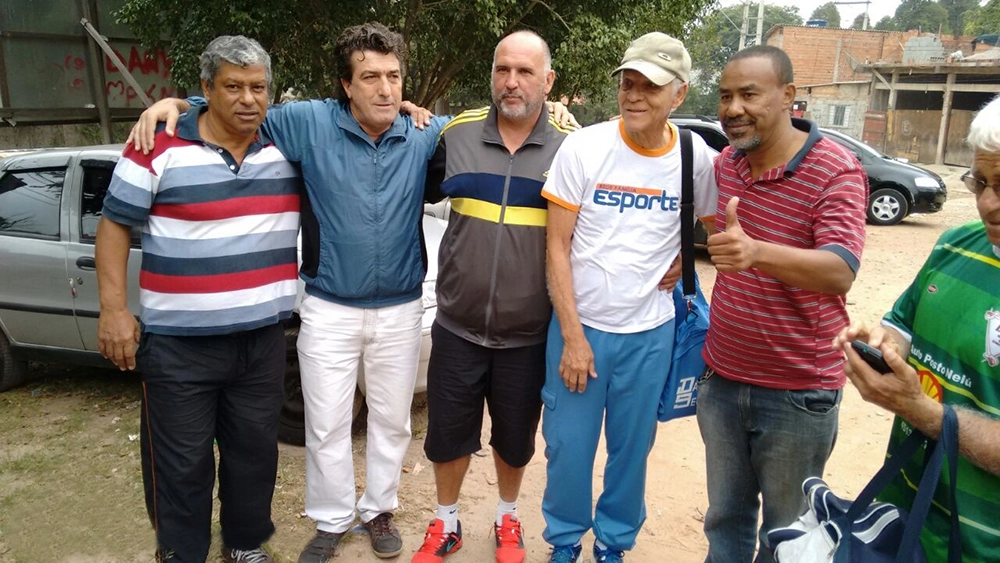 Jogo festa na cidade de Mauá, em maio de 2016. Da esquerda para a direita, Alves, Carlos Alberto Spina, Jobel e Ademir da Guia. Foto enviada por Vinicius Igor
