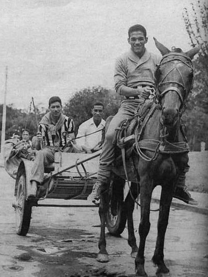 Possivelmente na concentração do Botafogo, Garrincha montado no cavalo enquanto Nilton Santos e Didi estão acomodados na charrete. Que foto maravilhosa, não é mesmo? 