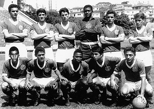 Juniores do Palmeiras nos anos 60. Em pé: Valmir, Paulinho D´Amico, Candinho, Oliveira, Julio Amaral e Roque. Agachados: Bentivegna, Zezinho, Luis Carlos Feijão, Écio Pasca e Lourenço