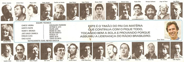 Na primeira fileira, da esquerda para a direita: Arl&eacute;rico Jacome, Ant&ocirc;nio Edson, Braga J&uacute;nior, Carlos Aymard, Castilho de Andrade, C&eacute;sar Perreira, C&eacute;sar Teixeira, Romeu Cezar, Eduardo Barbosa, Eduardo Castro, Fausto Silva, Henrique Guilherme, Jorge de Souza e Jos&eacute; Bifurco. Na fileira do meio, da esquerda para a direita: Lucimara Parisi e, em destaque, Osmar Santos. Na fileira de baixo, da esquerda para a direita: Loureiro J&uacute;nior, M&aacute;rcio Bernardes, Nilson Reigada, Odir Cunha, Odinei Edson, Osvaldo Maciel, Ovidio Nascimento, Reginaldo Gomes, Roberto Carmona, Silvio Filho, Silvio Ruiz, Tim Teixeira e Valdir Nogueira. 