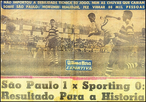 Peixinho (camisa 7) marca de cabe&ccedil;a o primeiro gol da hist&oacute;ria do Morumbi, na vit&oacute;ria do S&atilde;o Paulo contra o Sporting de Portugal por 1 a 0, em amistoso internacional. A foto &eacute; do dia 2 de outubro de 1960 e do lado esquerdo, entre dois marcadores lusitanos, voc&ecirc; confere o meia Gon&ccedil;alo.
