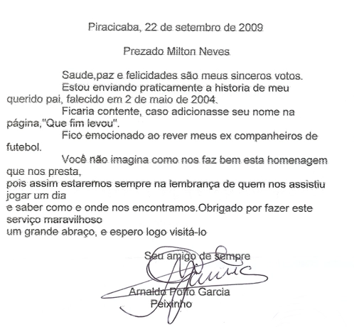 Peixinho, filho do jogador Peixe, foi quem nos sugeriu, através desta carta, a inclusão de seu pai na seção 