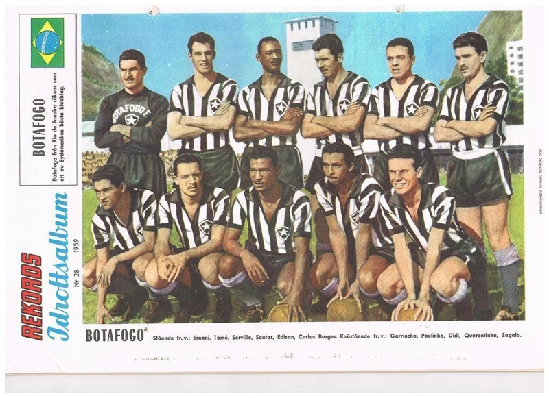 Didi, agachado ao centro, tendo à esquerda Paulinho e Garrincha e à direita Quarentinha e Zagalo. Ilustração sueca da década de 50.