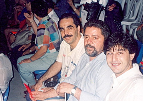 Márcio Bernardes, Lula e o médico Cláudio Lottemberg na Tribuna do Ramat Ghan em Tel Aviv, Israel, em 1993.