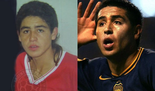 Riquelme ainda garoto, com a camisa vermelha do Argentinos Juniors, e já craque formado, como campeão da Libertadores