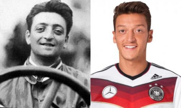 Enzo Ferrari, ainda em seus tempos de piloto, e o atacante alemão Ozil