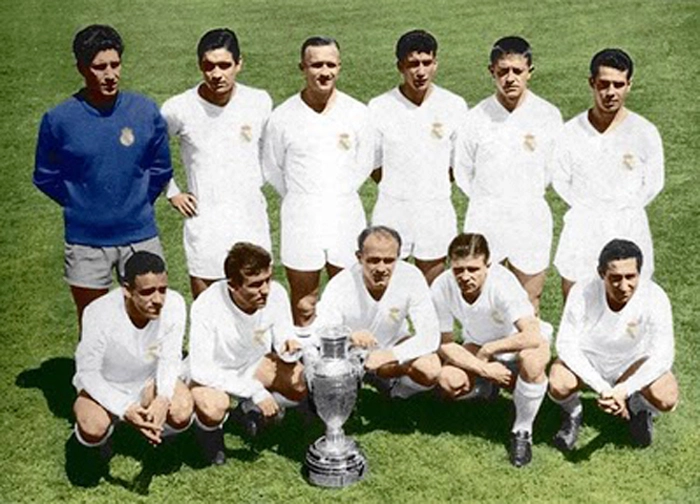 Da esquerda para a direita, em p&eacute;: o goleiro Dominguez, Marquitos, Santamaria, Pachin, Vidal e Z&aacute;rraga. Agachados: Can&aacute;rio, Del Sol, Di St&eacute;fano, Puskas e Gento. Foto enviada por Jos&eacute; Alves