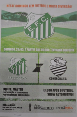 Tomires, sempre um dos incentivadores do futebol máster. No cartaz, anúncio do jogo entre Esperança e Comercial, em 29 de março de 2015. Foto: Reprodução