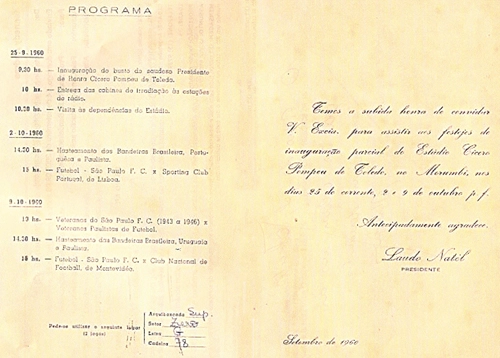 Este é o convite com o programa de festejos que marcou a inauguração do estádio do Morumbi. Precioso documento enviado pelo amigo internauta Marcelo Etienne