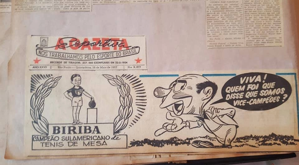 Biriba campeão sul-americano de Tênis de Mesa, em 1957, em matéria de A Gazeta Esportiva