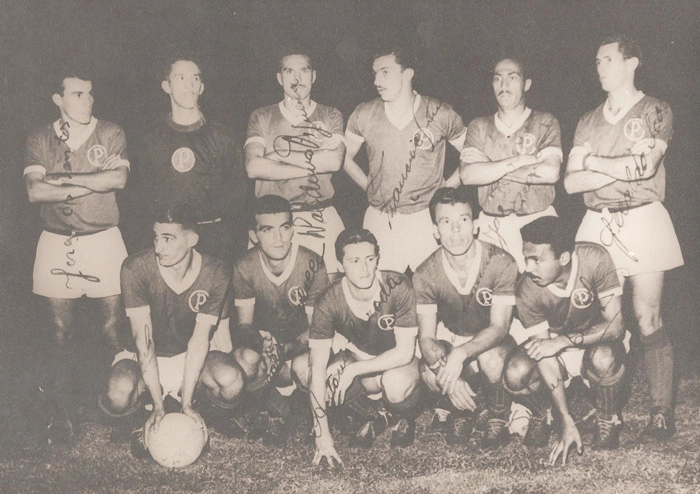 Um excelente time do Palmeiras no final dos anos 50. Em pé, da esquerda para a direita: Jorge, Valdir Joaquim de Moraes, Valdemar Carabina, Formiga, Zequinha e Geraldo Scotto. Agachados: Julinho Botelho, Nardo, Parada, Ênio Andrade e Chinesinho. Foto: arquivo de Valdir Joaquim de Moraes