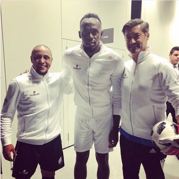 Roberto Carlos, Usain Bolt e o goleiro Vítor Baía em evento da Hublot, em Basel, na Suíça, em março de 2018. (Foto: Reprodução – Instagram @oficialrc3)
