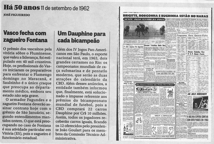 Confira notas sobre o contrato firmado entre o Vasco com o zagueiro Fontana e sobre um Dauphine para cada bicampeão. Imagem reprodução do jornal 