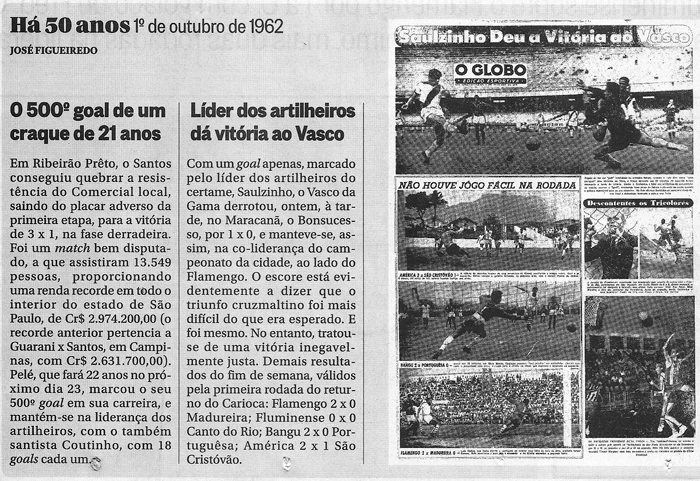 Confira notas sobre o 500º gol de um craque (Pelé) de 21 anos e sobre o líder dos artilheiros dar a vitória ao Vasco da Gama. Imagem reprodução do jornal 