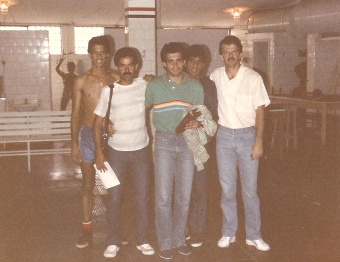 No vestiário principal do Morumbi, da esquerda para a direita: Daniel, Wanilton Zambroti, Pita, Silas e Gilmar Rinaldi. Foto: arquivo pessoal de Wanilton Zambroti