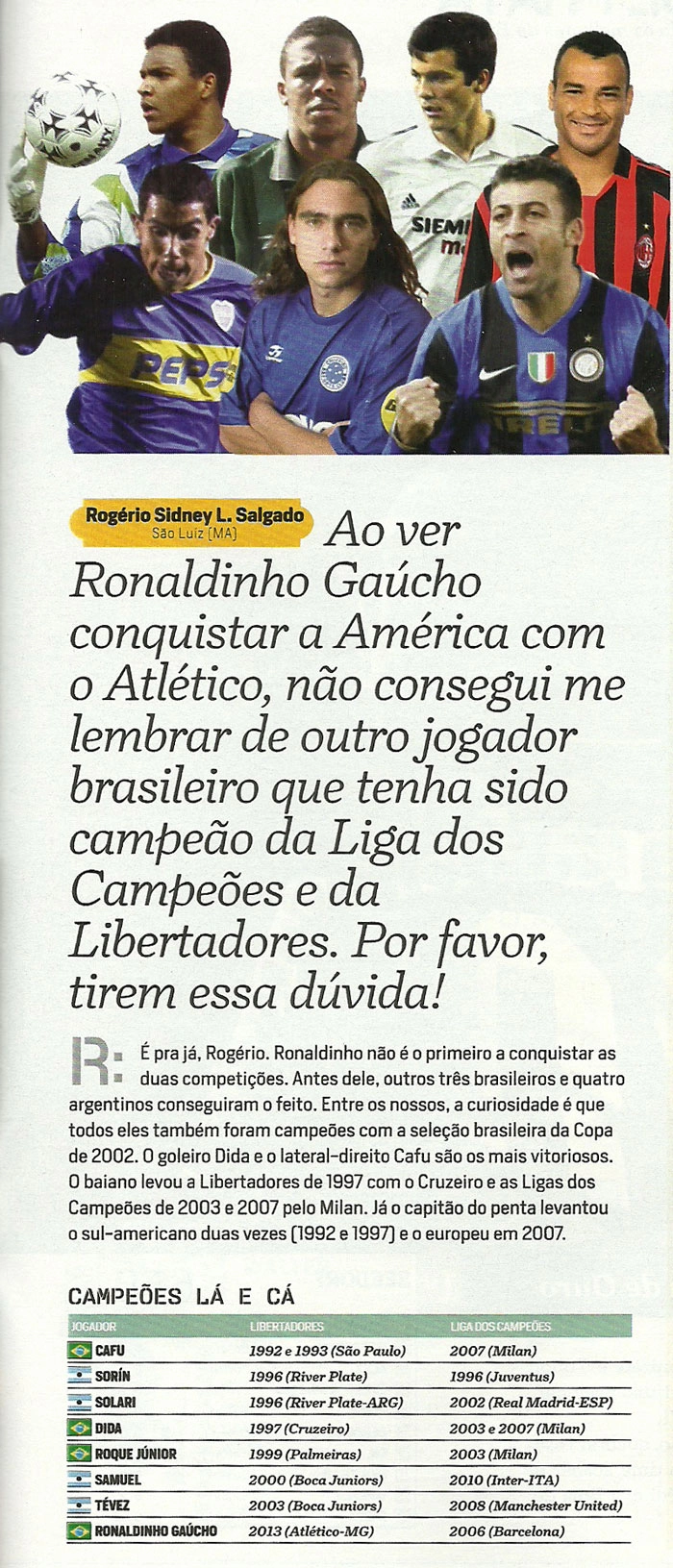 Da esquerda para a direita, acima: Dida, Roque Júnior, Solari e Cafú. Abaixo: Tevez, Sorín e Samuel. Imagem: Placar