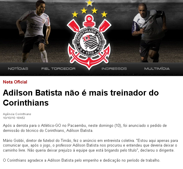 Parte do site do Corinthians delcarando os motivos da demissão de Adilson Batista. Foto: Reprodução/Site oficial