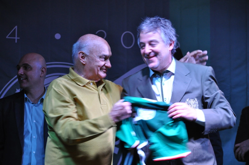 Adhemar Cobrinha e Paulo Nobre na festa em homenagem aos ex-jogadores do Palmeiras, em 23 de setembro de 2016, no Palestra Itália. Foto: Marcos Júnior Micheletti/Portal TT 