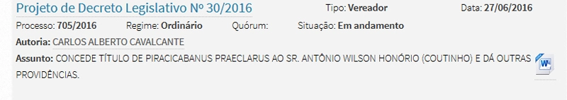 Decreto do vereador piracicabano Carlos Alberto Cavalcante para o Título de Piracicabanus Praeclarus, maior honraria a um nativo de Piracicaba, concedida a Coutinho