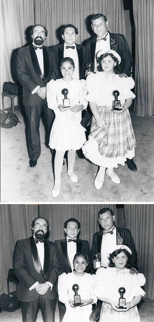 Wanderley Nogueira, José Silvério e Milton Neves na festa do prêmio Bola de Ouro em 1987. As crianças na foto são Patrícia (filha única de Wanderley) e Ana Cristina (caçula de Silvério)