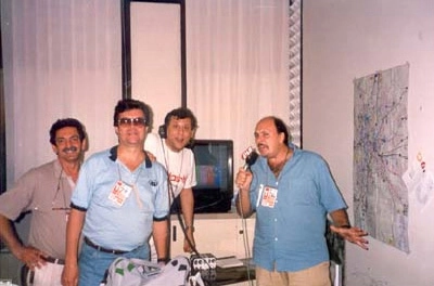 1990, Roma: foi excelente a cobertura da Copa da Itália pela Jovem Pan. Você está vendo Bento de Oliveira, José Carlos Guedes, Milton Neves e Nilson César no Centro de Imprensa da RAI em Grotta Rossa.